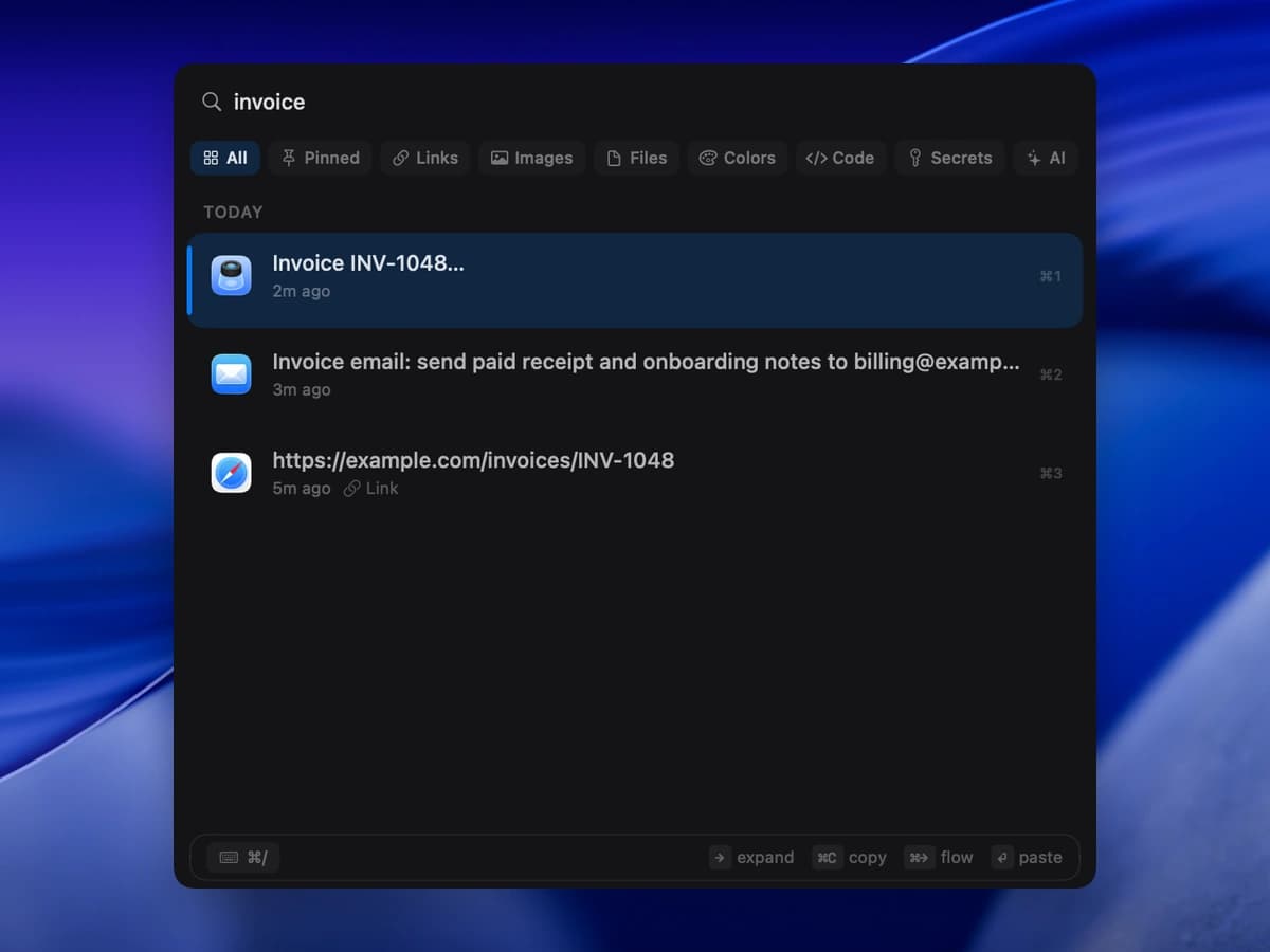 NanoClip search narrowed to three clipboard items containing invoice
