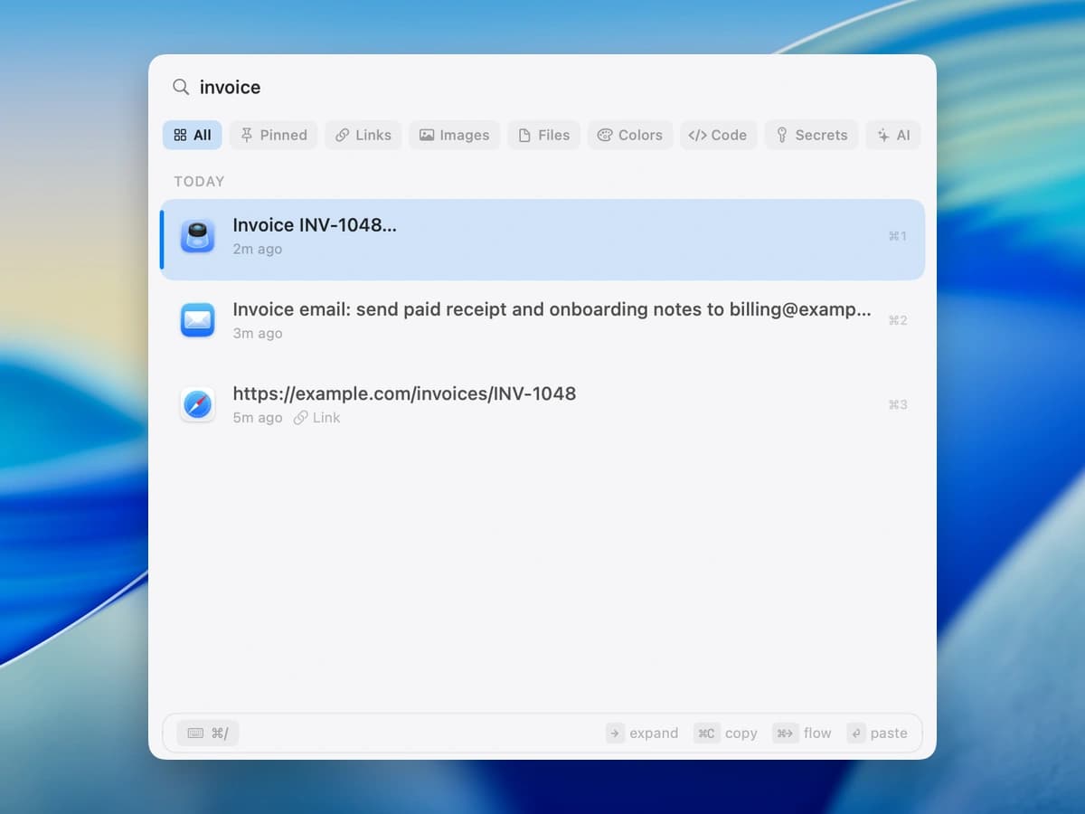 NanoClip search narrowed to three clipboard items containing invoice