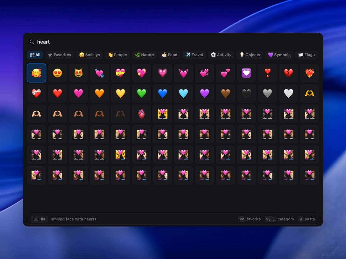 NanoClip emoji picker for Mac showing searchable heart emoji and category filters