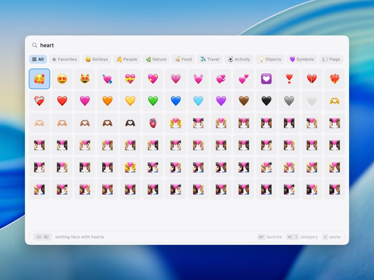 NanoClip emoji picker for Mac showing searchable heart emoji and category filters