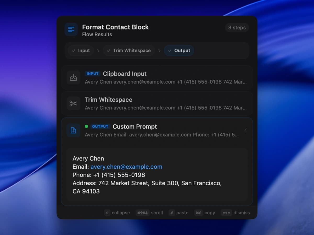 NanoClip Flow result formatting a copied contact block