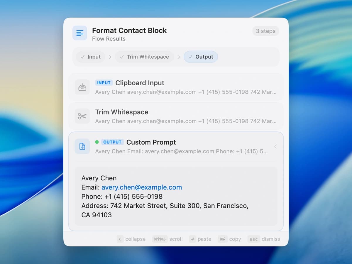 NanoClip Flow result formatting a copied contact block