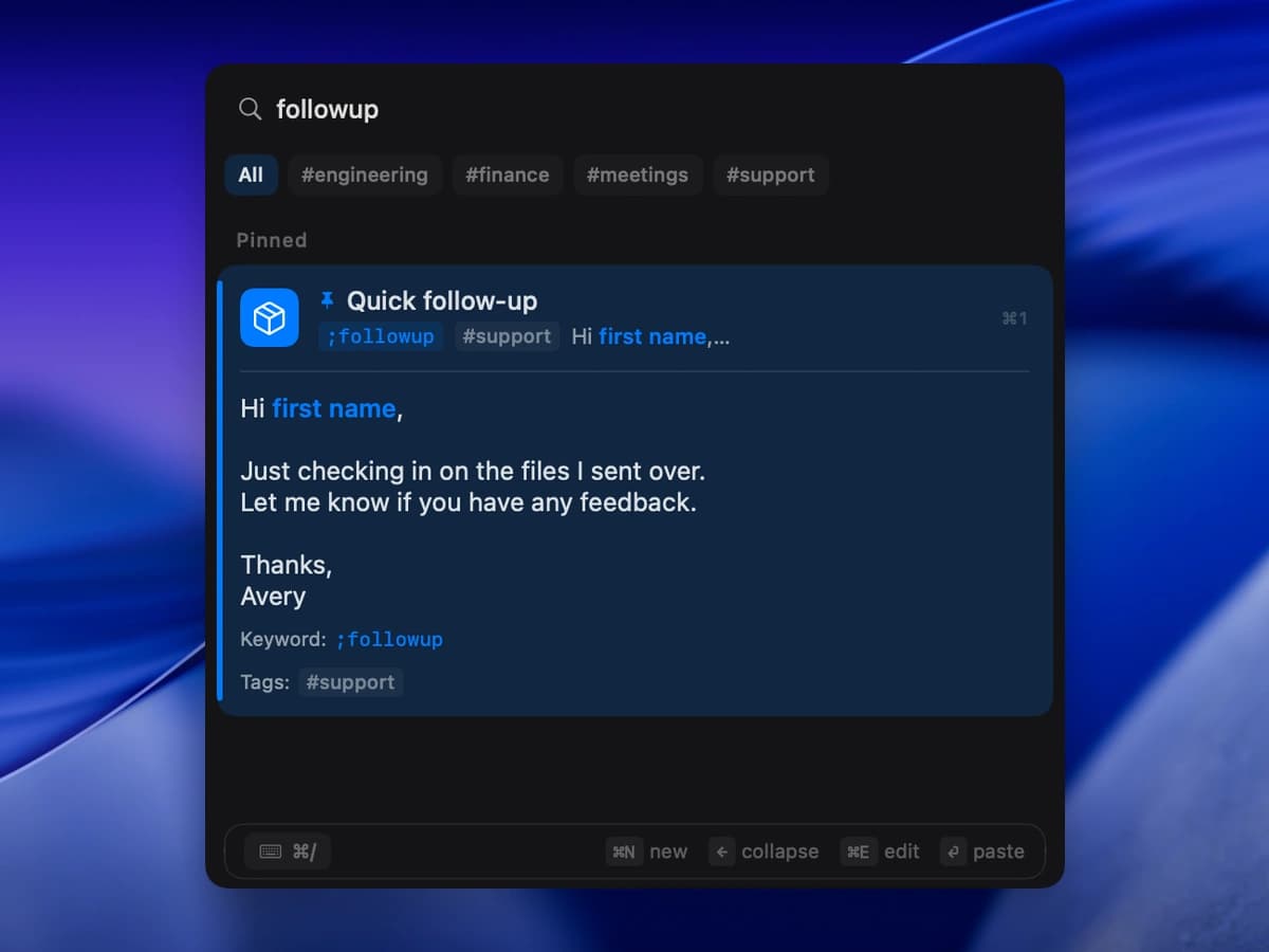 NanoClip showing a reusable follow-up reply with a name field and the ;followup trigger