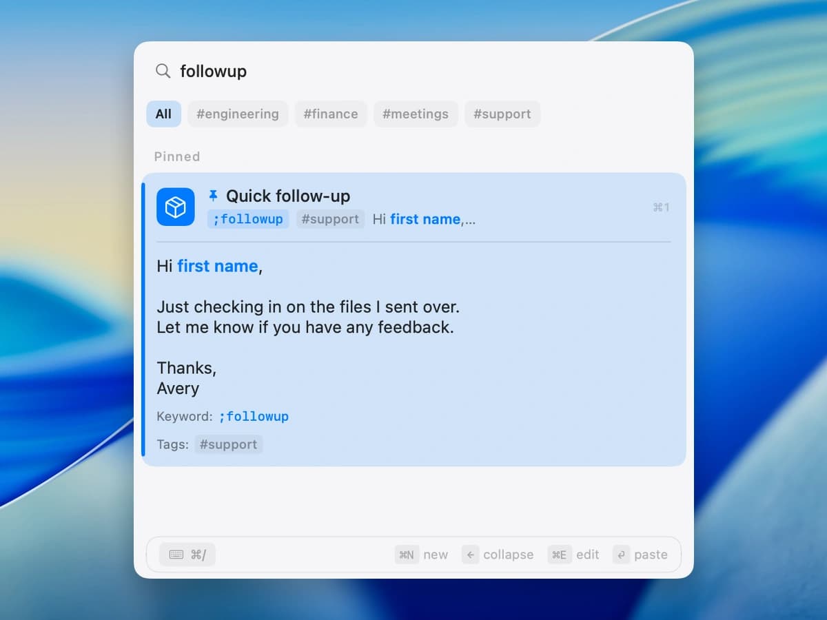 NanoClip showing a reusable follow-up reply with a name field and the ;followup trigger