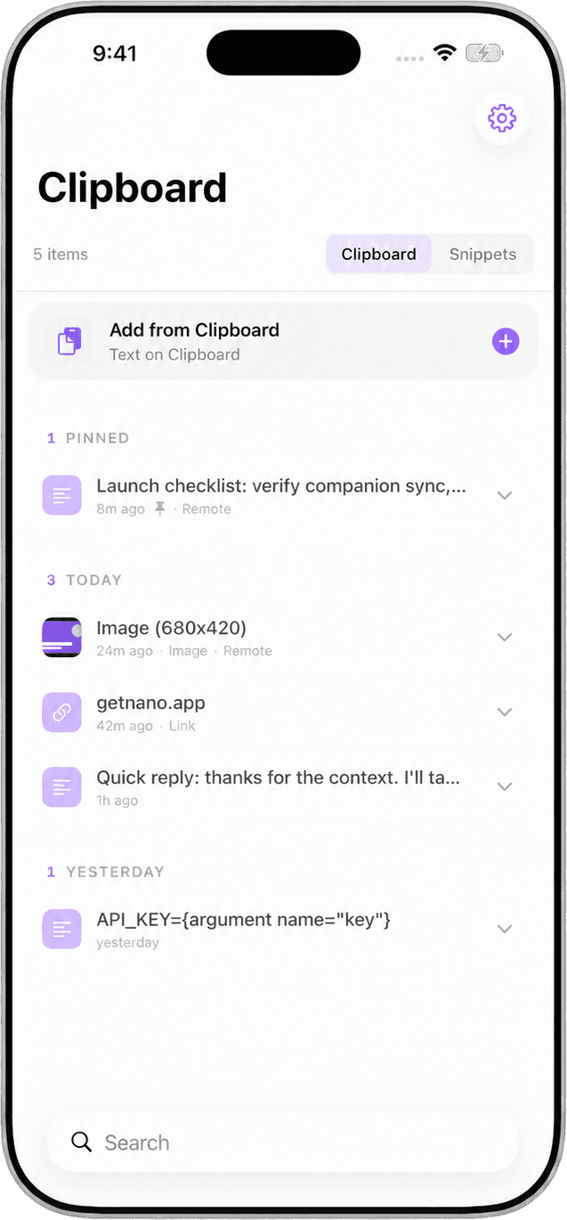 NanoClip on iPhone showing recent clipboard history