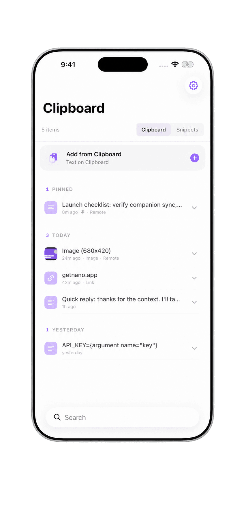 NanoClip for iPhone showing synced clipboard history