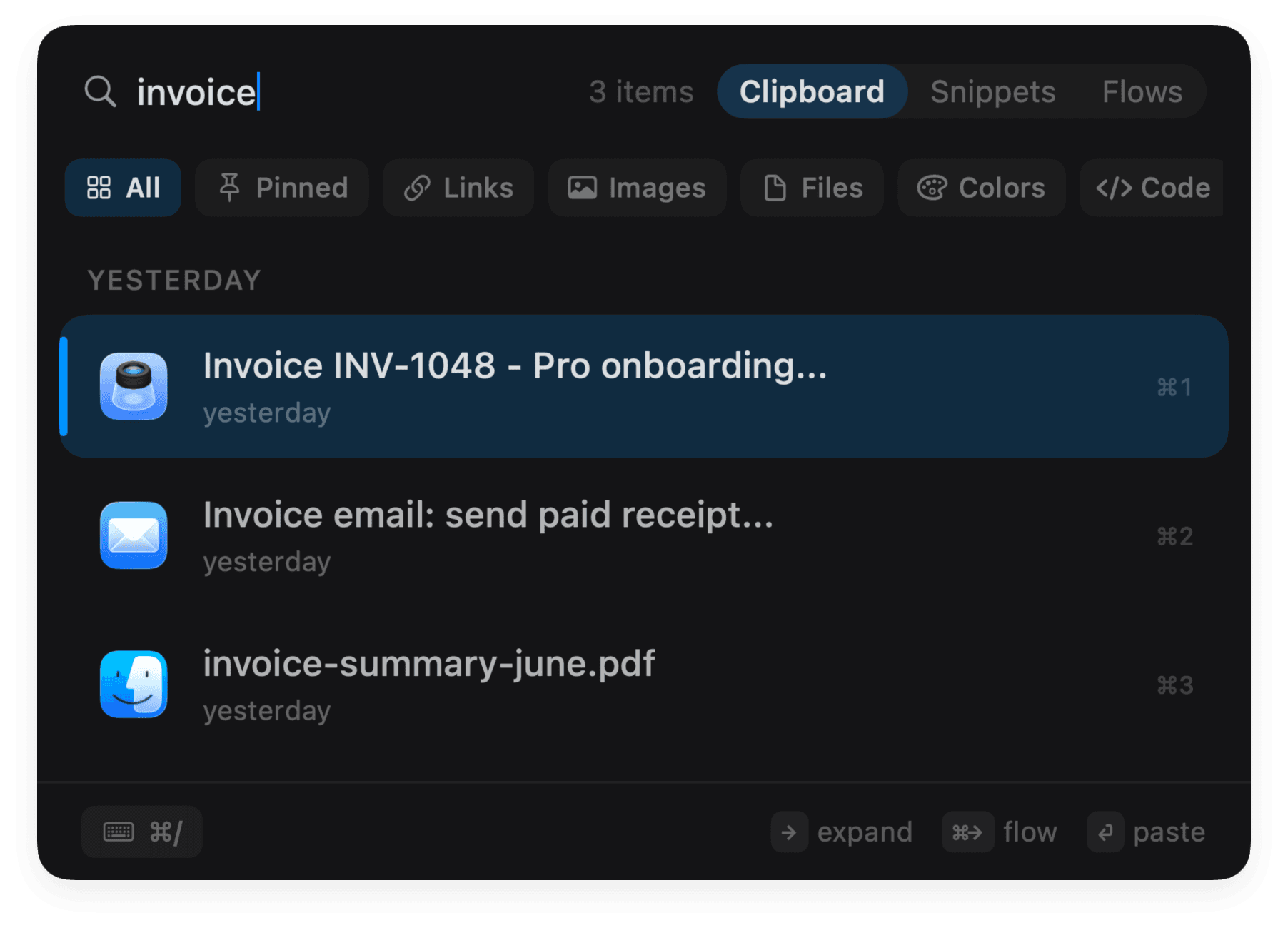 NanoClip search narrowed to three clipboard items containing invoice
