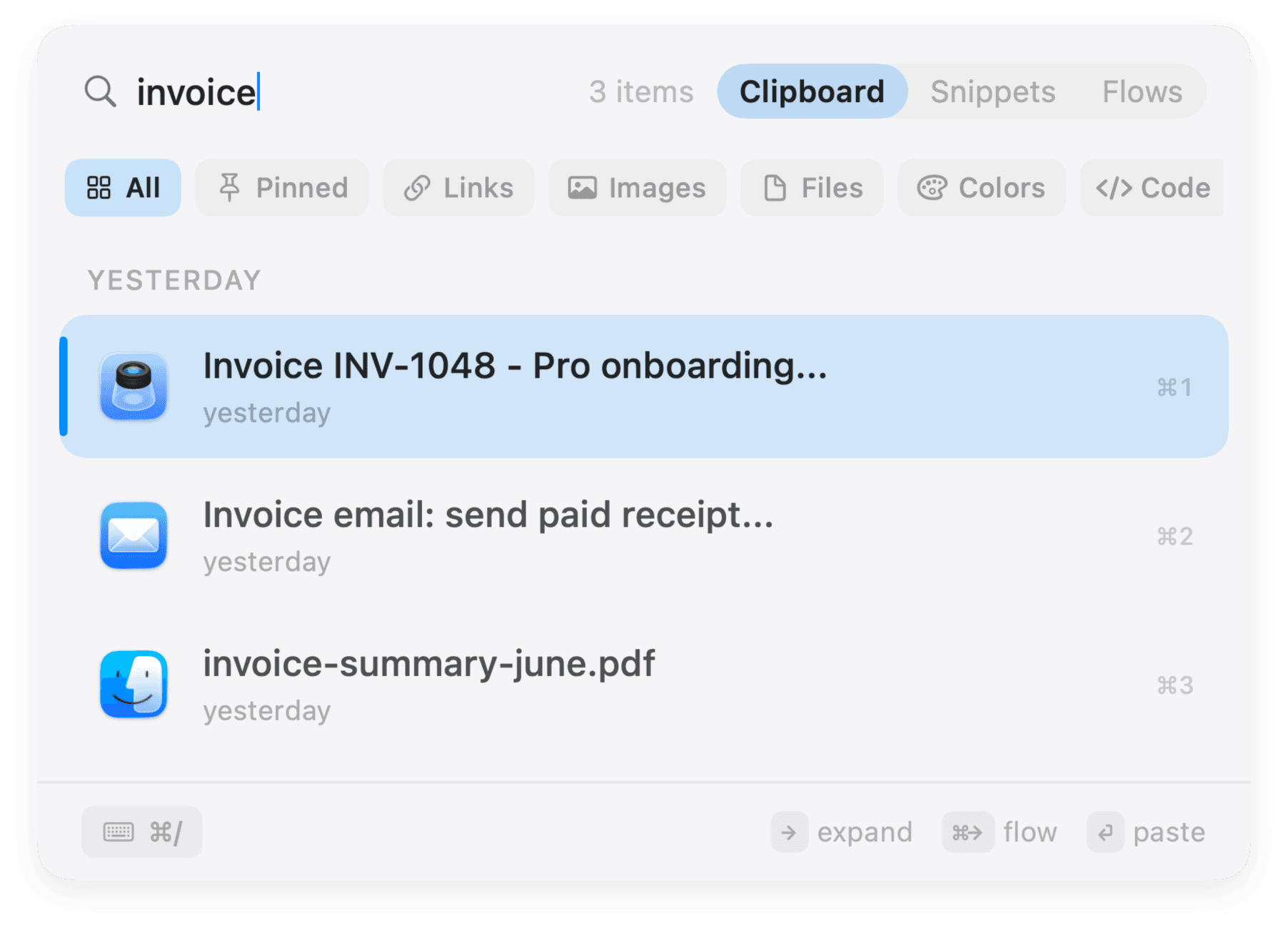 NanoClip search narrowed to three clipboard items containing invoice