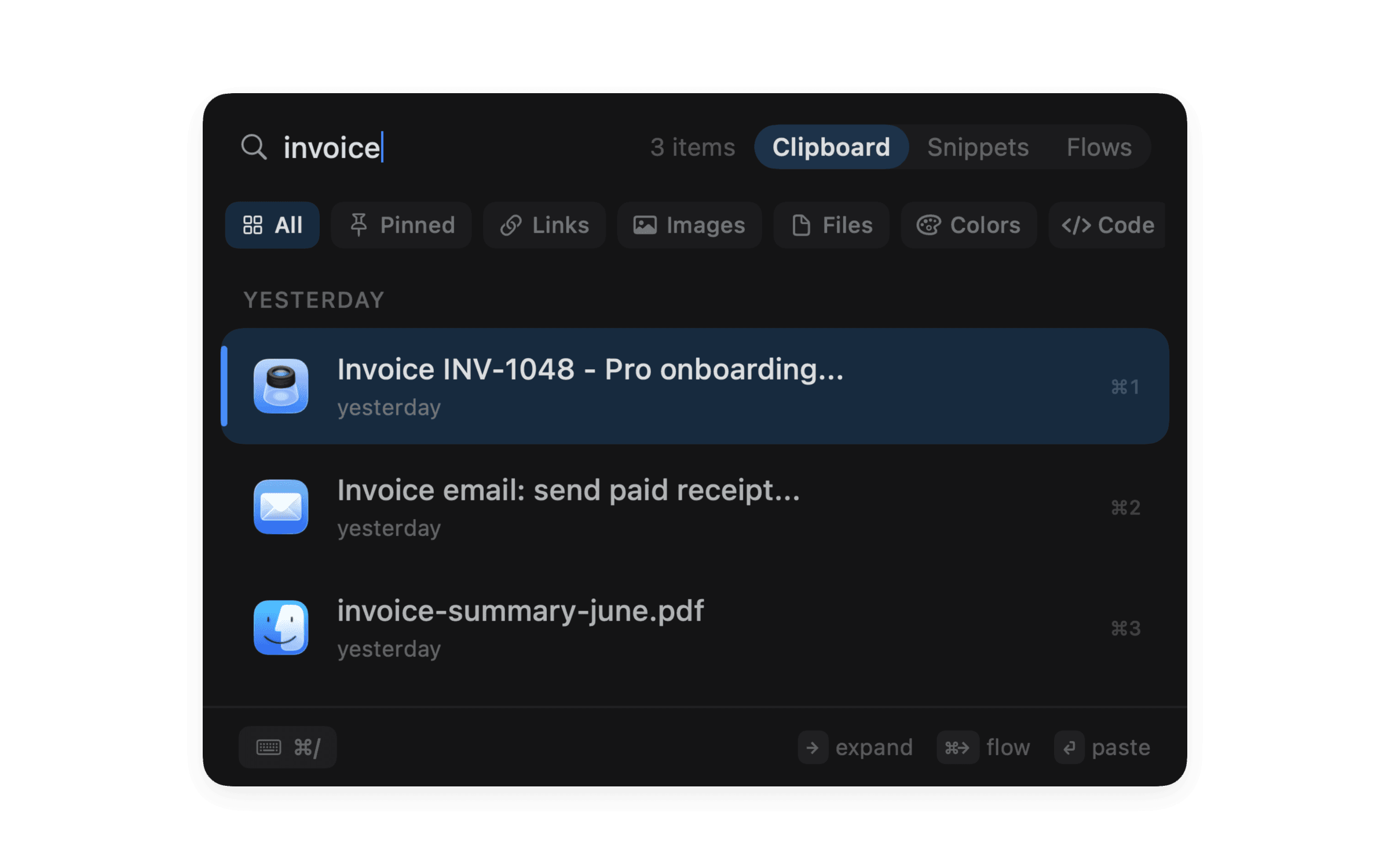 NanoClip clipboard search showing copied items and previews