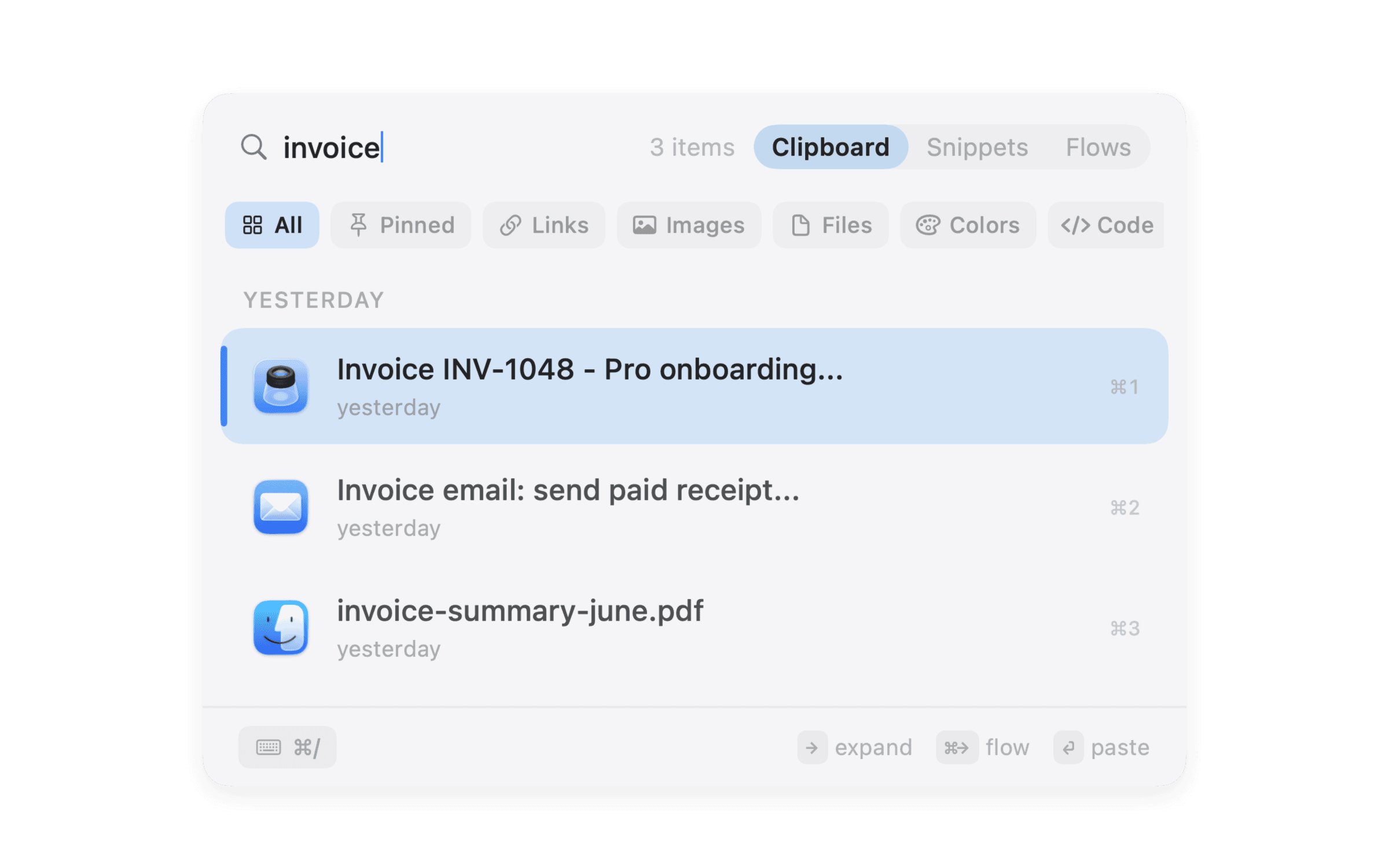 NanoClip clipboard search showing copied items and previews