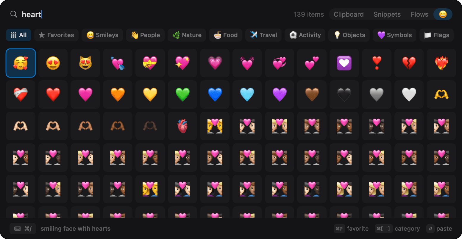 NanoClip emoji picker for Mac showing searchable heart emoji and category filters
