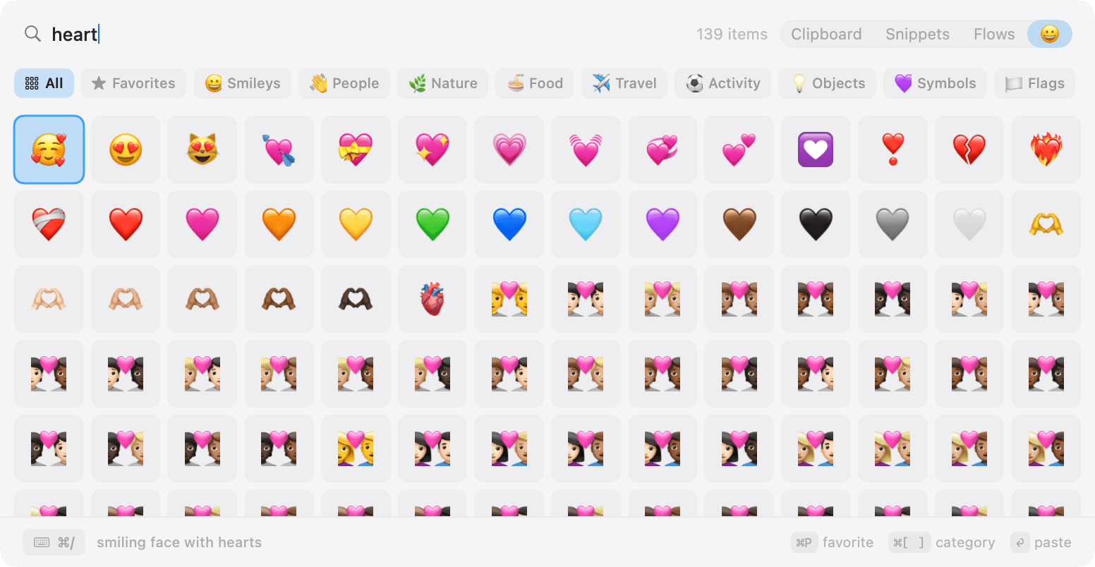 NanoClip emoji picker for Mac showing searchable heart emoji and category filters