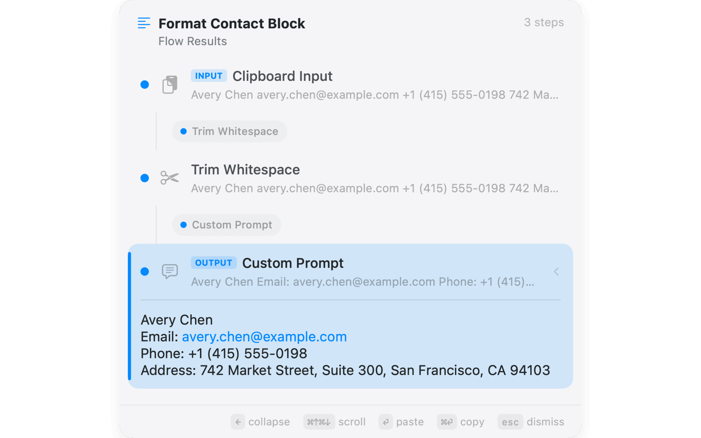 NanoClip Flow result formatting a copied contact block