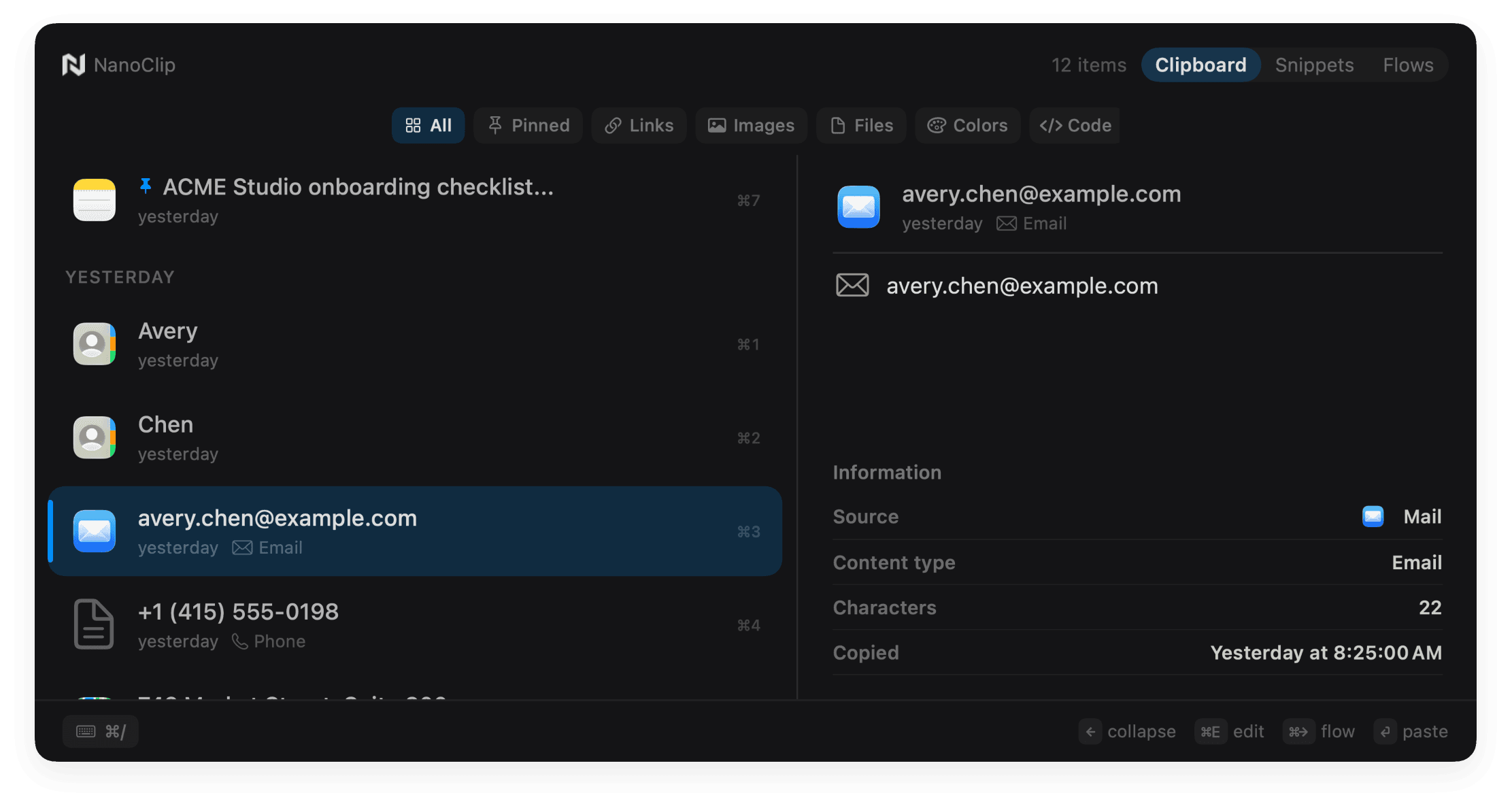 NanoClip showing searchable clipboard history with a selected rich link preview