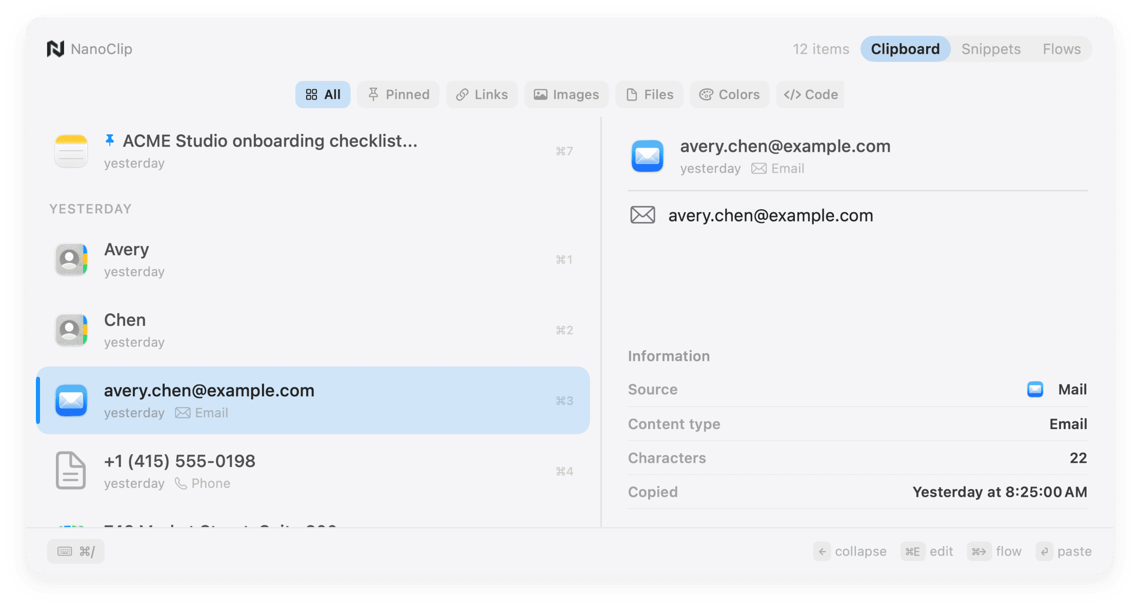 NanoClip showing searchable clipboard history with a selected rich link preview