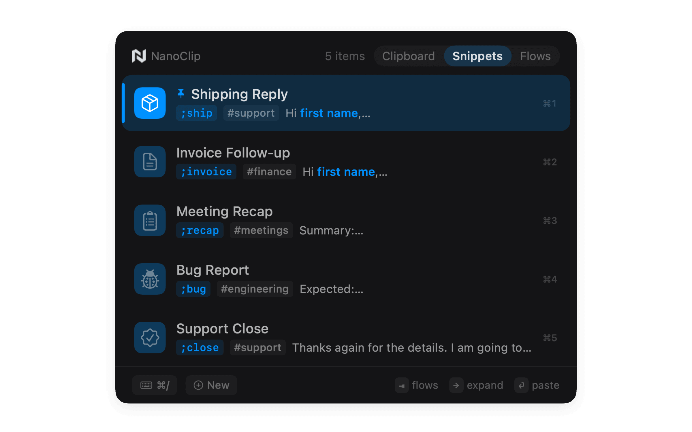 NanoClip snippets picker with an email signature template selected