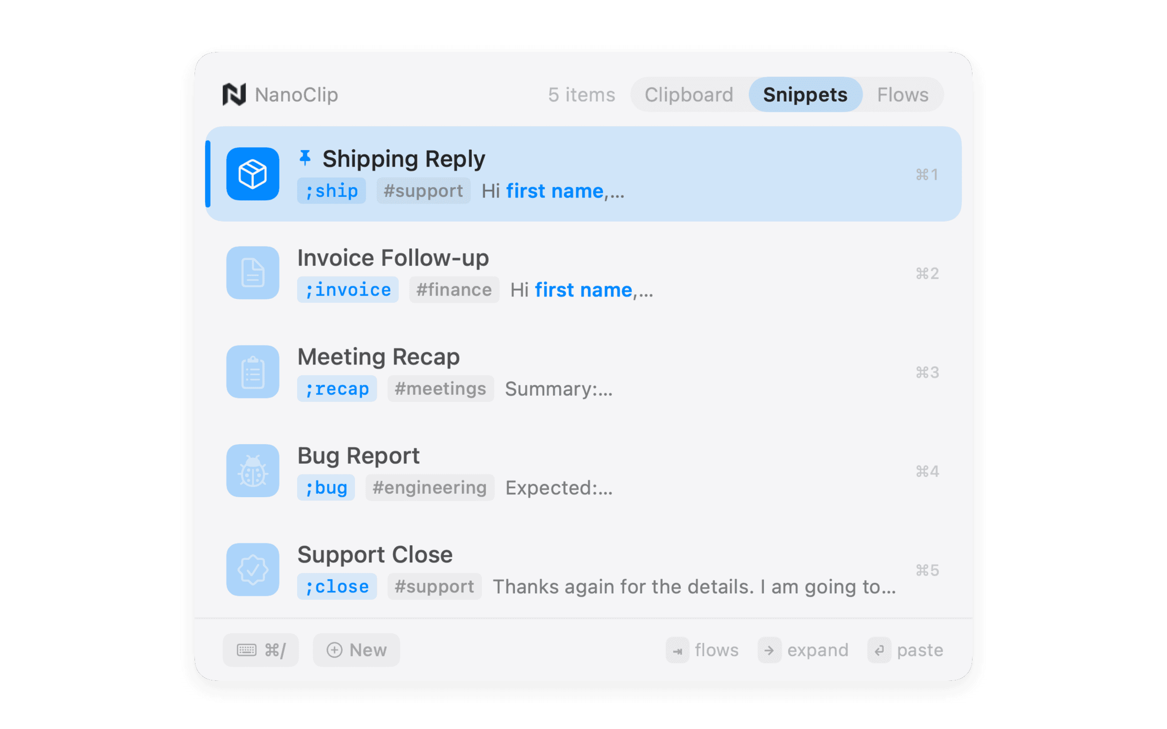 NanoClip snippets picker with an email signature template selected