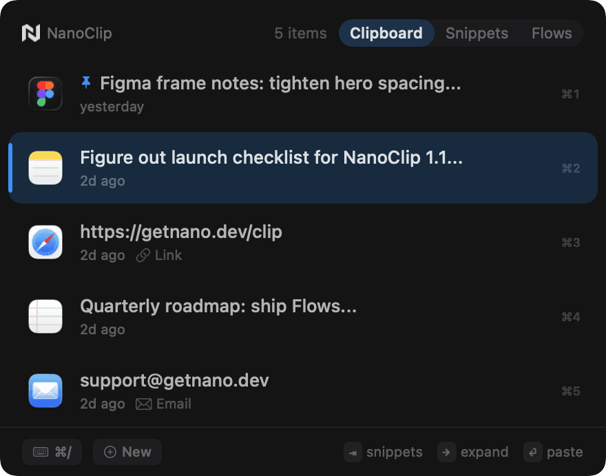 NanoClip on Mac with searchable clipboard history, snippets, and Flows