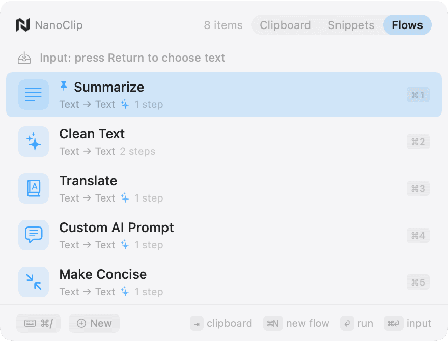 NanoClip Flows picker showing available flows