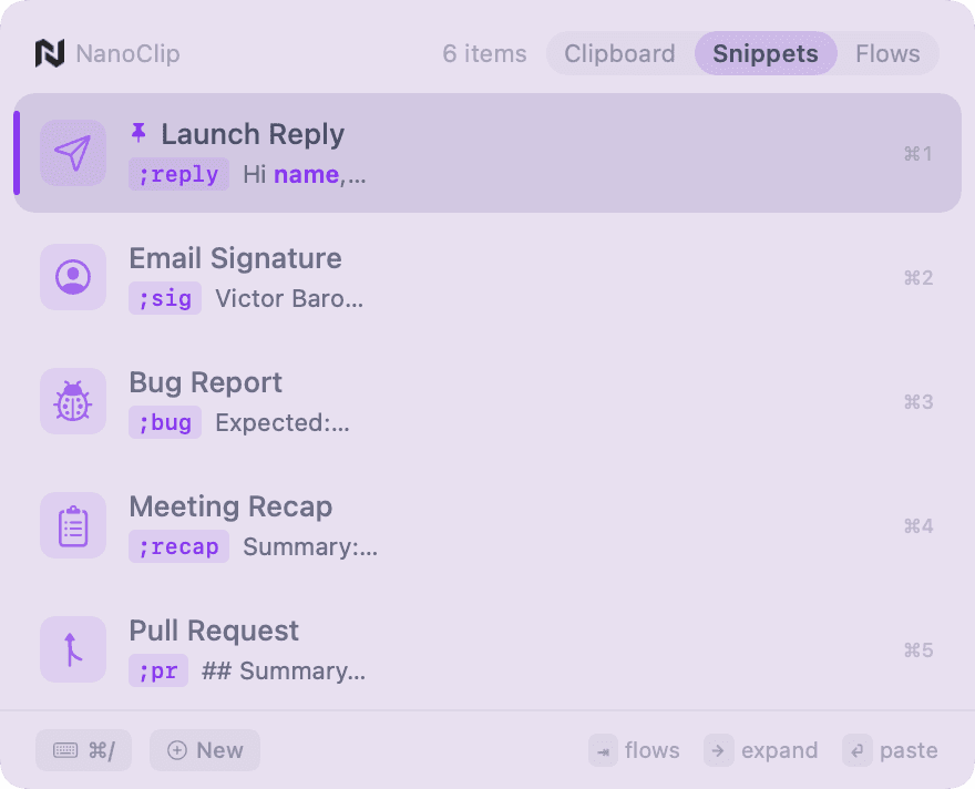 NanoClip Snippets picker with a saved snippet selected