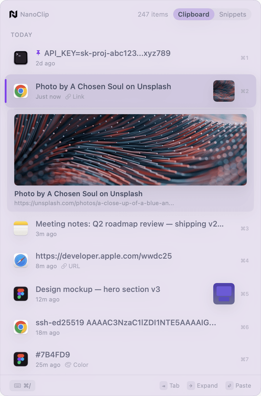 NanoClip clipboard manager showing clipboard history with pinned items, link previews, and rich content