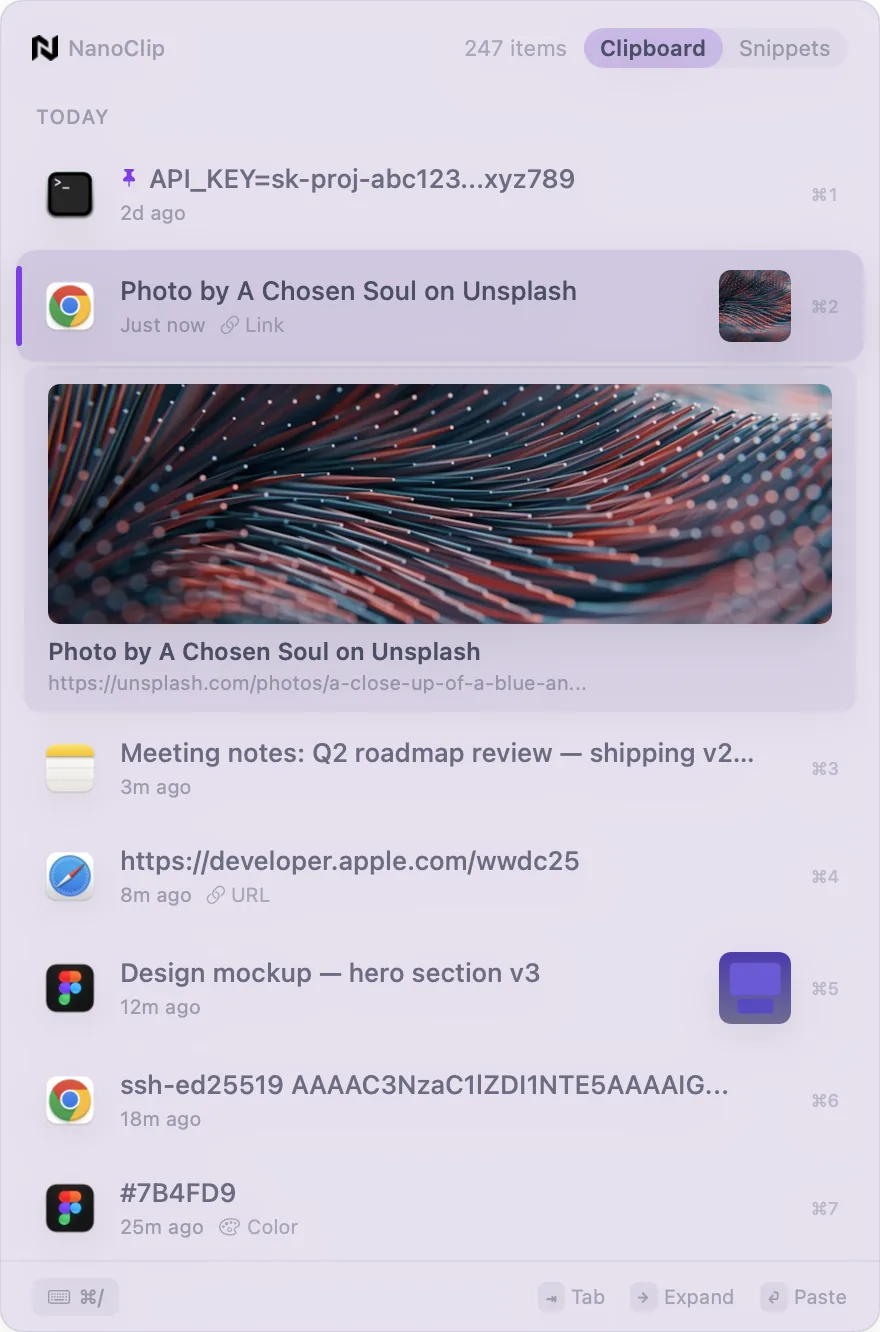 NanoClip clipboard manager for macOS showing clipboard history with pinned items, link previews, and rich content