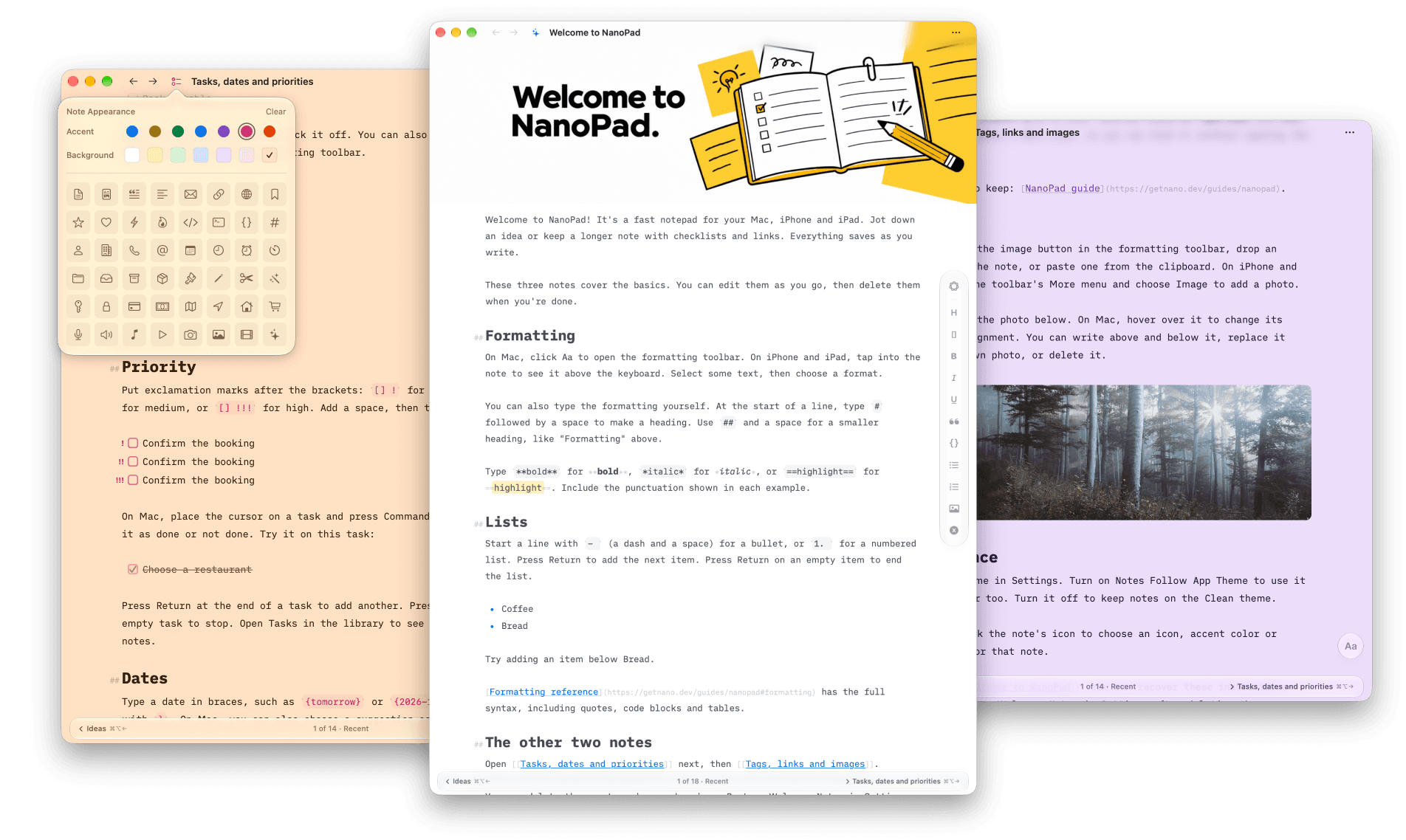 Three NanoPad note windows showing markdown formatting, tasks and priorities, images, and note appearance options.