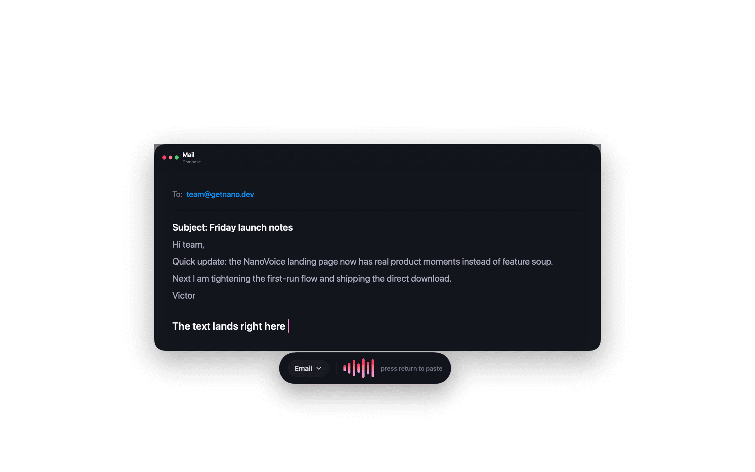 NanoVoice free dictation capsule beneath a Mail compose window