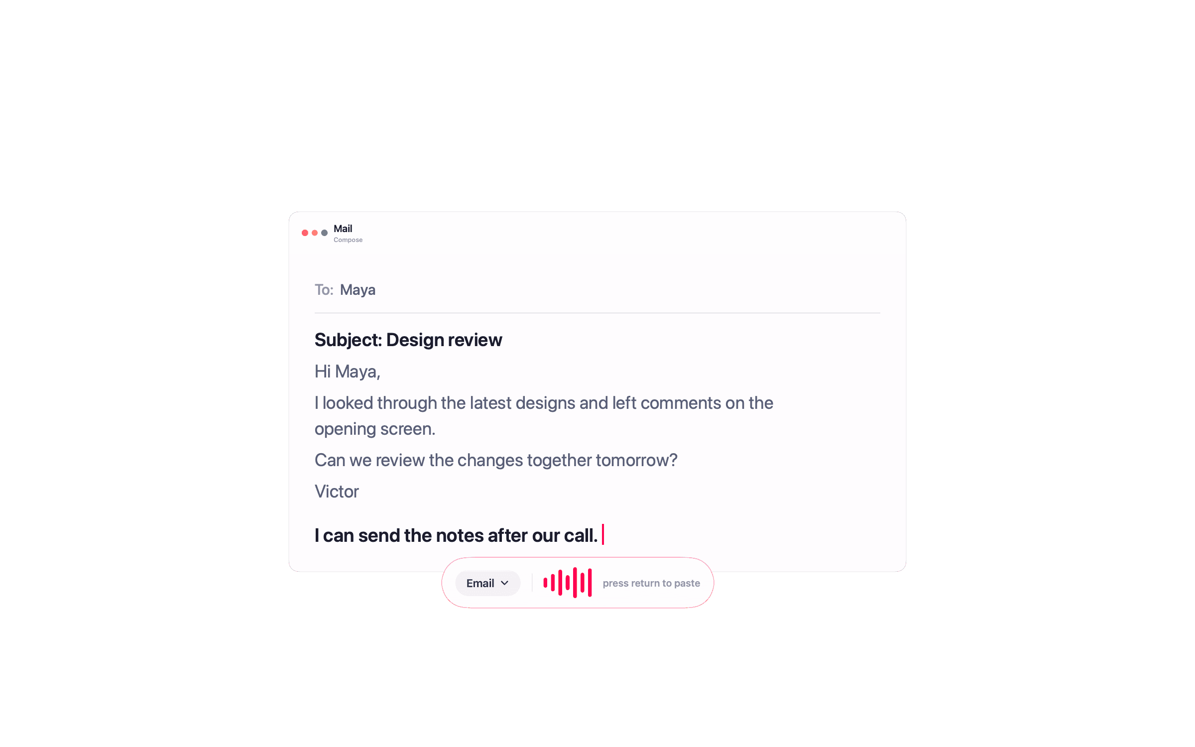 NanoVoice dictation capsule next to the text being dictated