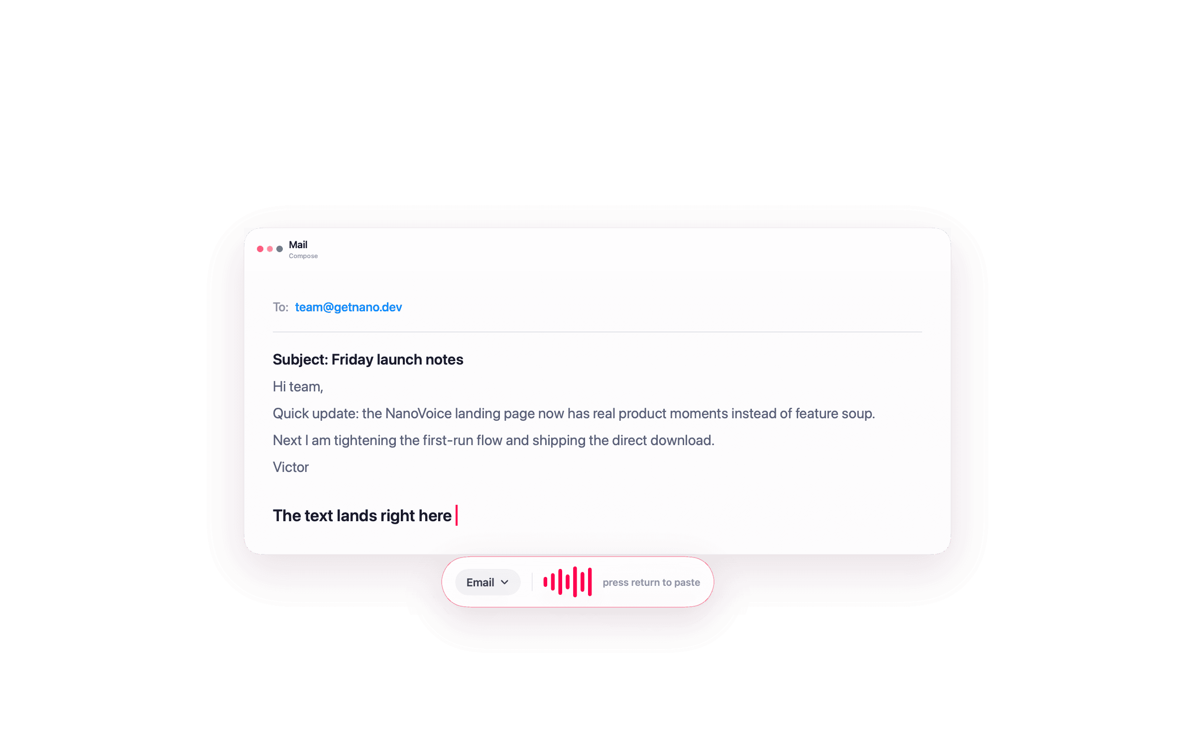 NanoVoice free dictation capsule beneath a Mail compose window