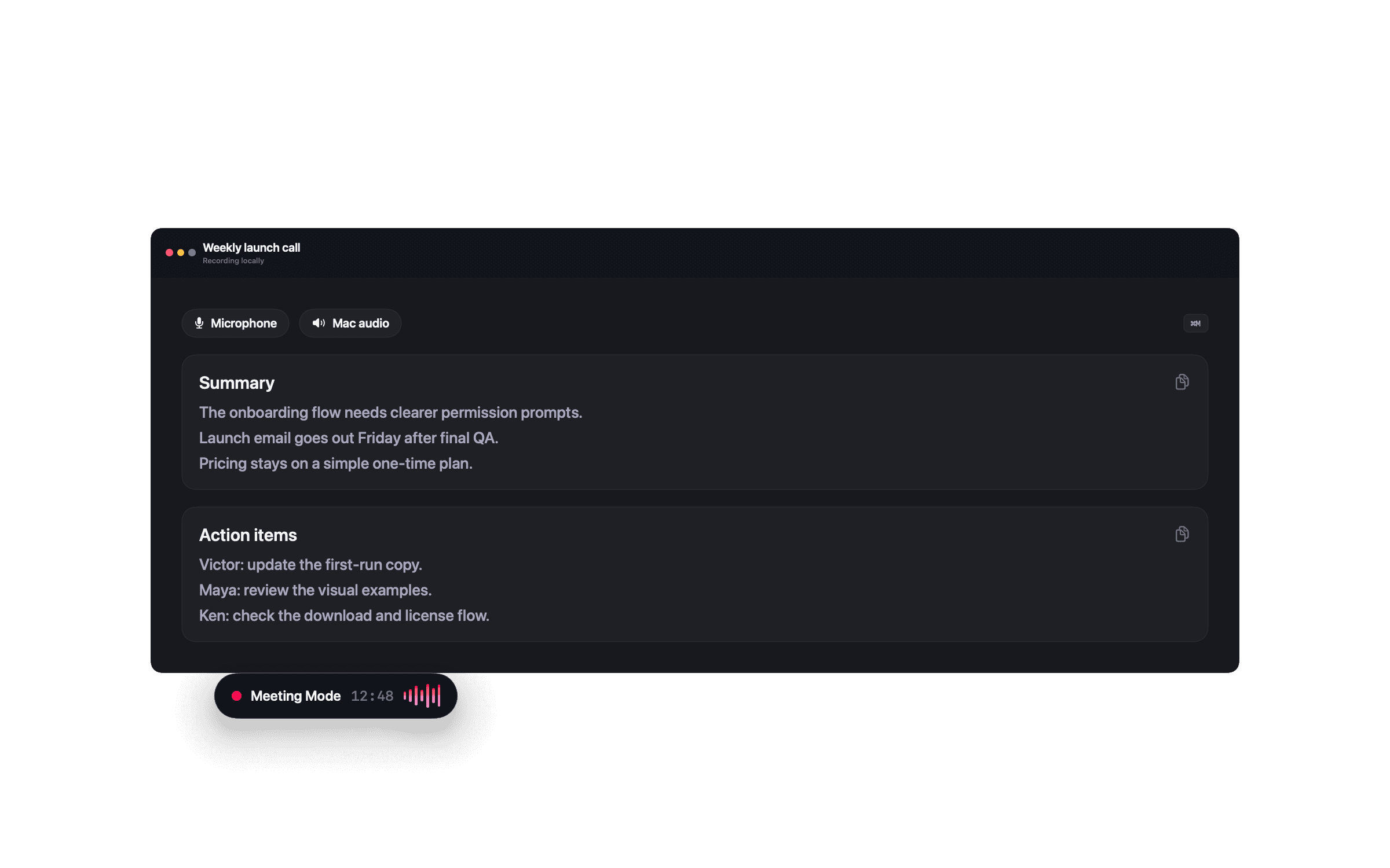 NanoVoice Meeting Mode recording indicator in dark mode