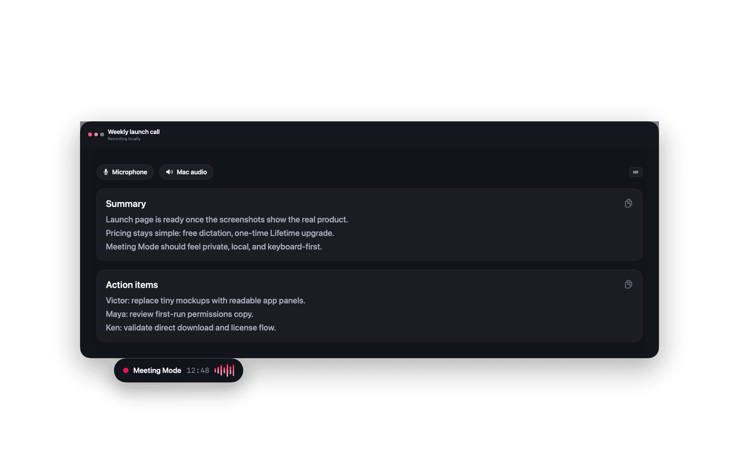 NanoVoice Meeting Mode producing a local summary and action items