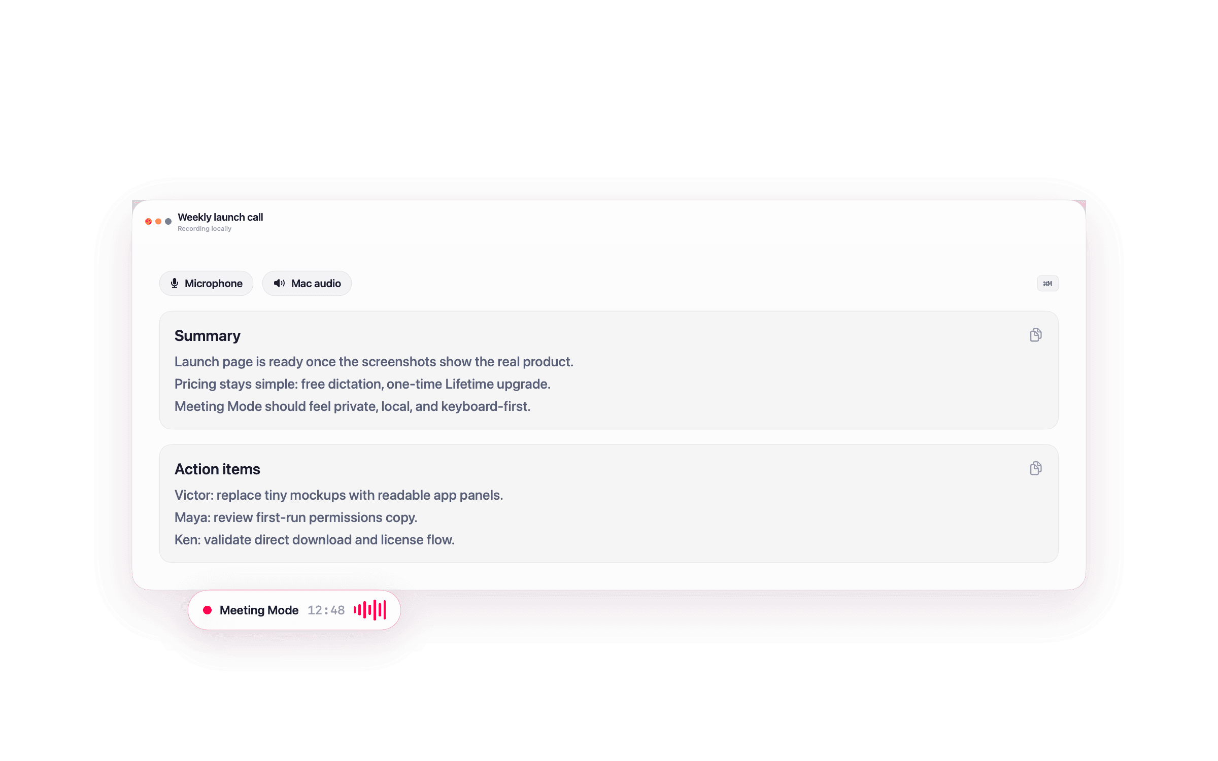 NanoVoice Meeting Mode producing a local summary and action items