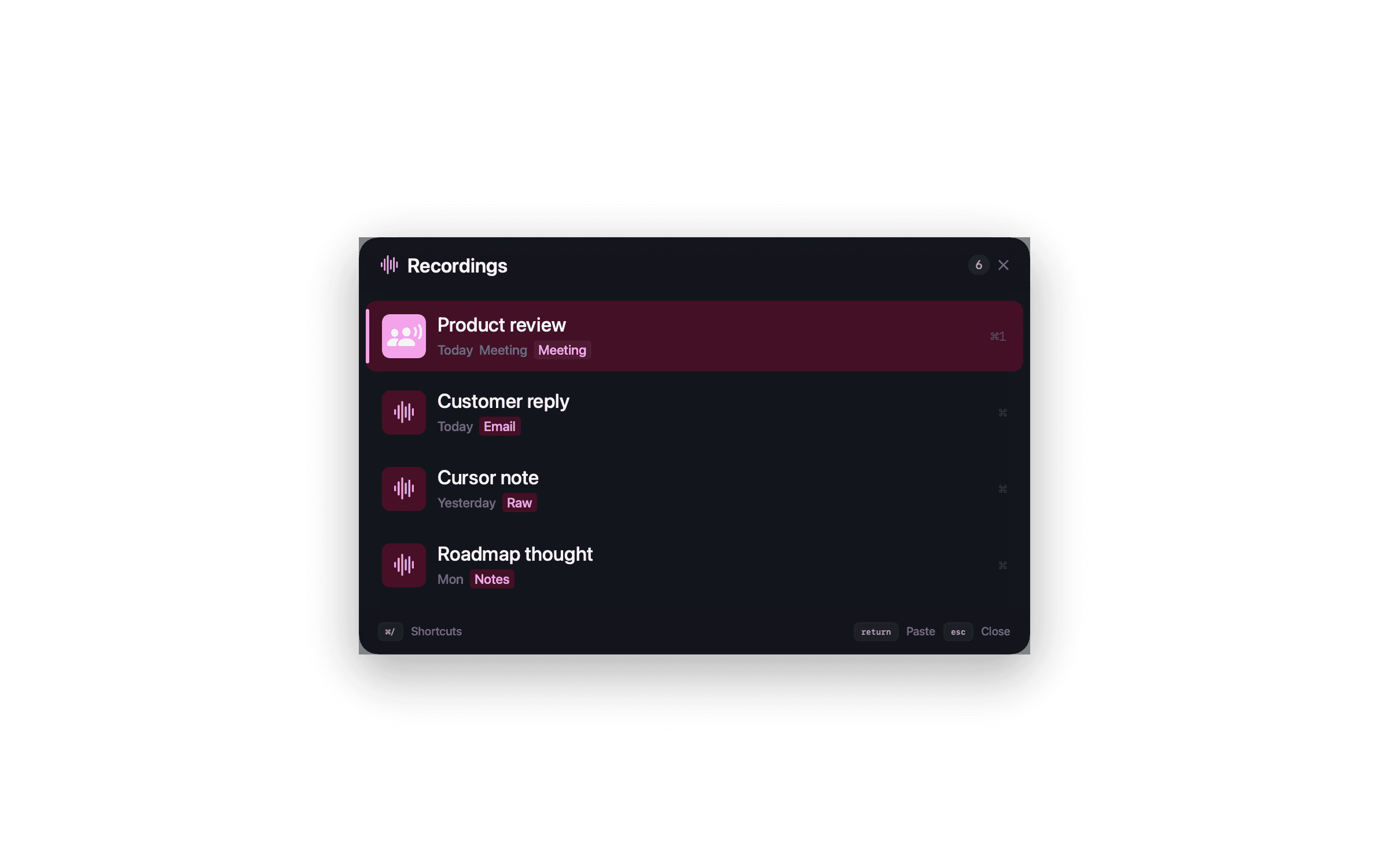 NanoVoice Recordings panel in dark mode