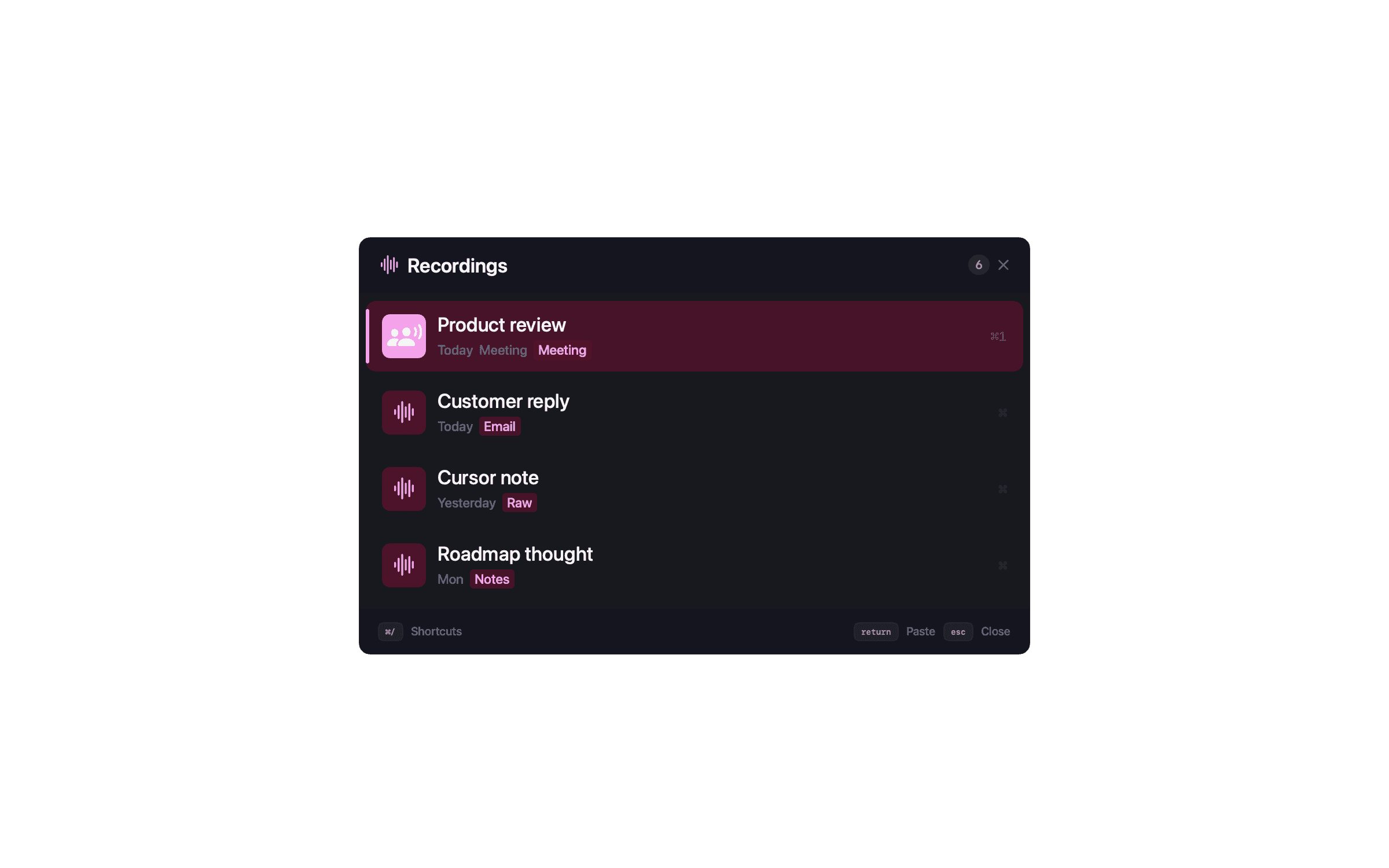 NanoVoice Recordings panel in dark mode