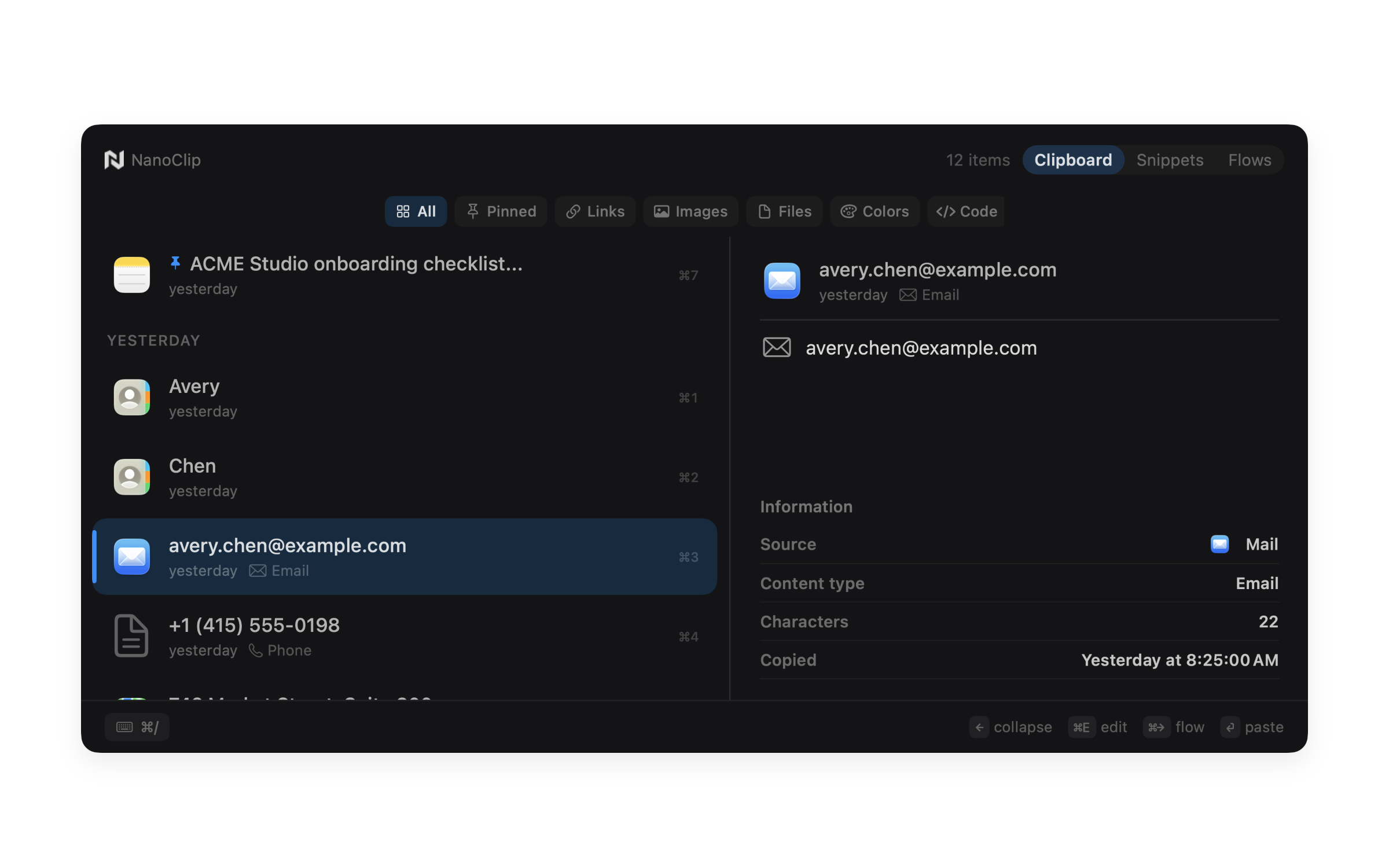 NanoClip expanded clipboard history window with filters, previews, and item details