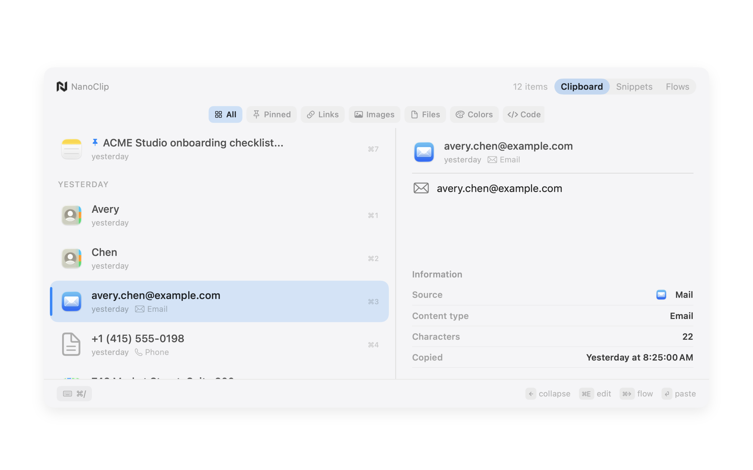 NanoClip expanded clipboard history window with filters, previews, and item details