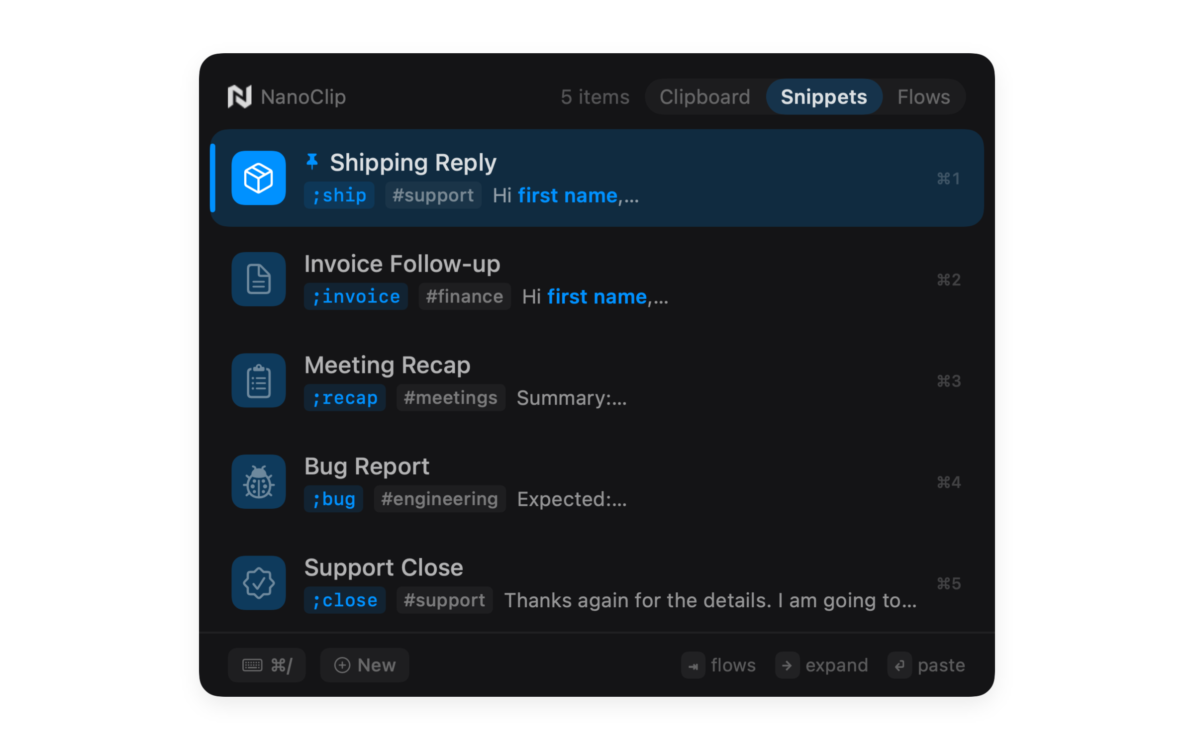 NanoClip snippets picker with a reusable template selected