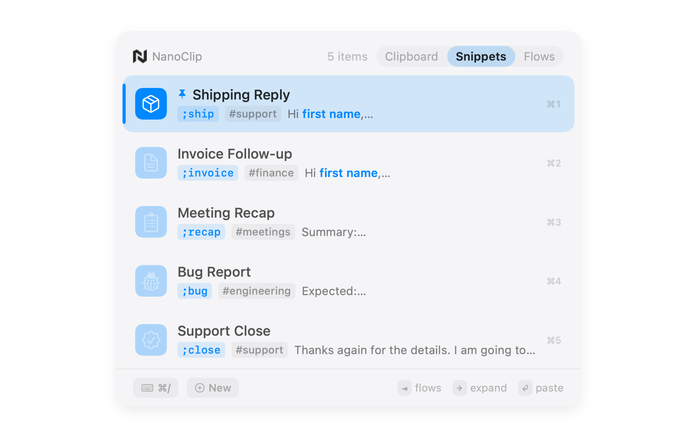 NanoClip snippets picker with a reusable template selected