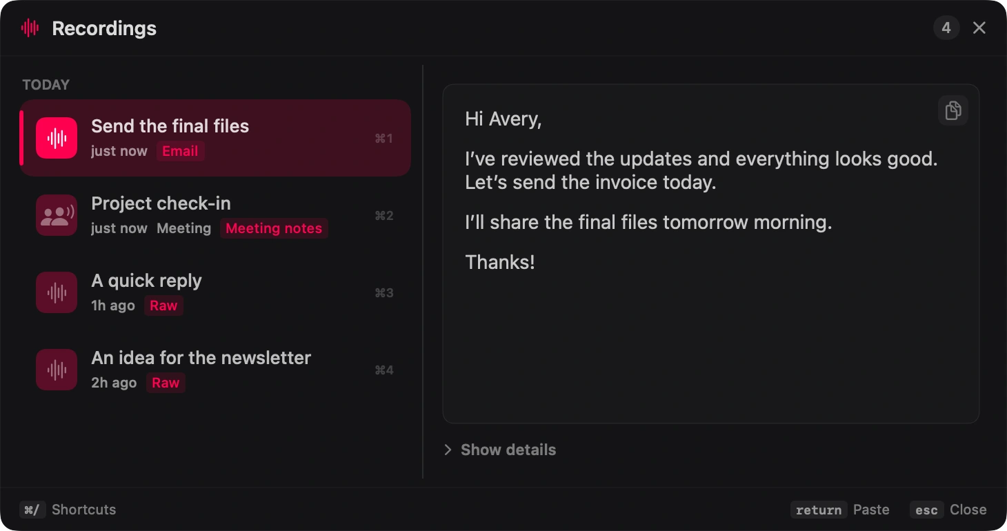 NanoVoice recordings panel showing a saved dictation and its transcript ready to reuse