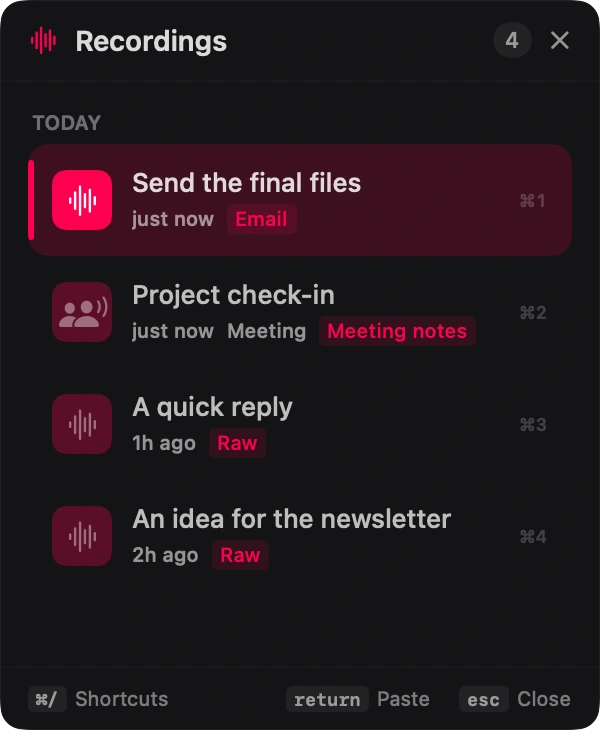 NanoVoice recordings panel showing a saved dictation and its transcript ready to reuse