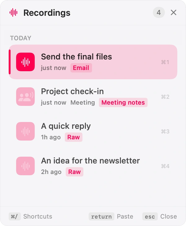 NanoVoice recordings panel showing a saved dictation and its transcript ready to reuse