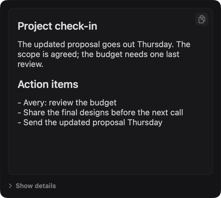 NanoVoice recordings panel showing a saved meeting summary and action items