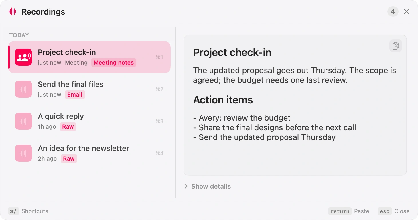 NanoVoice recordings panel showing a saved meeting summary and action items
